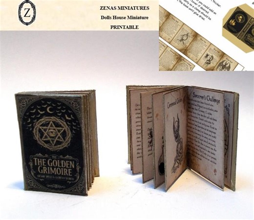1/12 Scale Golden Grimoire Printable Miniature Book Kit, Dollhouse Witch, Fantasy, Occult Spell Book, Instant Digital Download