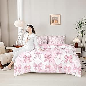 Manfei Cute Bow Comforter Set Full Size, 7 Pieces Girls Bed in a Bag with Sheets, Dreamy Princess Style Bedding Set for Kids Girls Women Bedroom Decor, Kawaii Bowknot Girly Bed Set for All Season