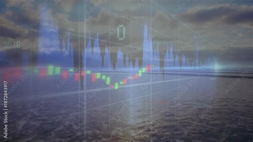 Financial chart overlay floating over horizon, displaying area graph candlestick bars and grid