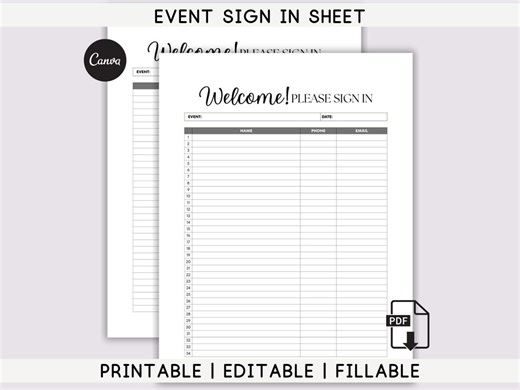 Event Sign in Sheet Printable | Editable Canva Template   Fillable PDF - Etsy