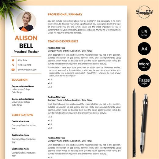 Buy Teacher Resume Template | Modern CV Design for Word & Pages (digital Download) Online in India - Etsy
