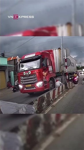 Tài xế xe máy lách vào điểm mù đầu xe container, may mắn thoát nạn | VnExpress