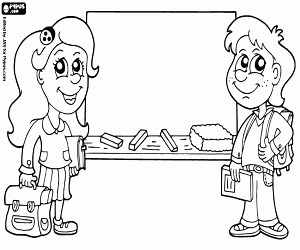 Classroom blackboard, two students coloring page printable game