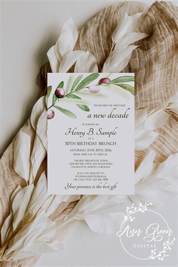 Olive 50th Birthday Brunch Invitations: Italy Inspired Party (corjl Template, Digital Download) - Etsy Australia