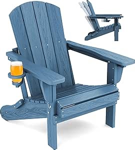 SERWALL Folding Adirondack Chair, Adirondack Outdoor Chair with Cup Holder, Adjustable Adirondack Chair with 3 Recline Positions, All Weather HDPE Outdoor Adirondack, Blue