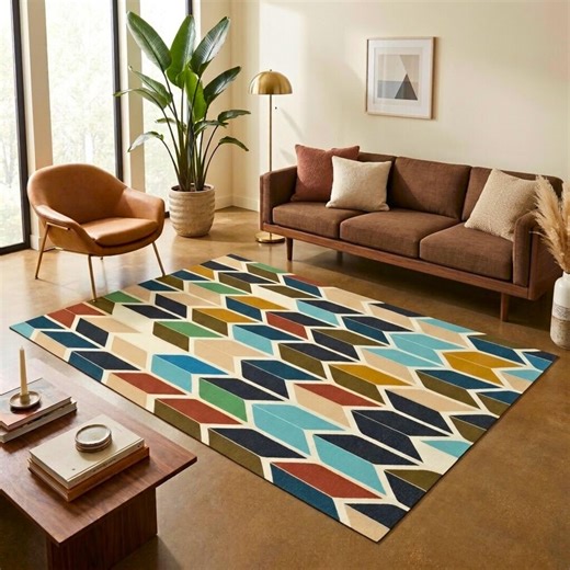 Mid-century Modern Geometric Rug | Abstract Earth Tone Chevron Pattern - Etsy