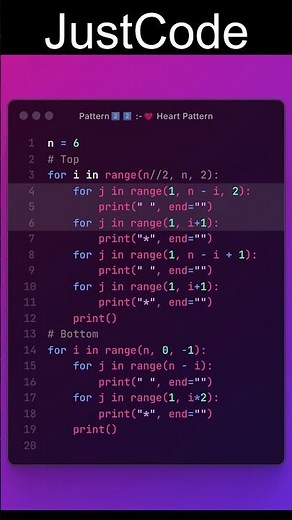 Pattern 22 :- ❤️ Heart Pattern In Python | Pattern Series | JustCode |#coding #programming #shorts