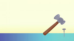 Download Hammer hitting nail looping video animation footage. Moving vector drawing with cartoon art style isolated on gradient blue table and light colored yellow background wall. for free