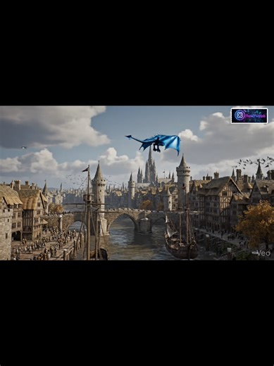 A calm, hyper-realistic medieval river city with sailing ships gliding beneath stone bridges as a distant blue dragon soars gracefully above under soft daylight 🏰⛵🐉🌤️ ✅ Comparison of Generations: Normal Prompt vs. Optimized (JSON) #dragon #ships #river #ruin #fantasy