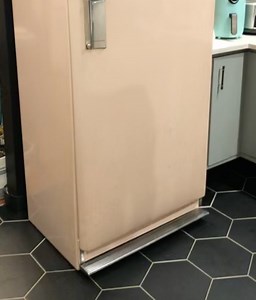 Mid-Cent Gents | 1955 General Electric refrigerator with lazy susan shelves. Pink with turquoise interior and rose gold metal accents. Awesome foot pedal... | Instagram
