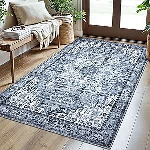 SIILOOM 3x5 Washable Area Rug Non Slip Door Mat Indoor for Entryway Bedside | Soft Boho Vintage Spill & Stain Resistant Low Pile Carpet for Kitchen Office Front Backdoor Bedroom, Easy Clean