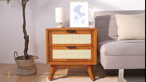 Bme Jasper Deluxe Solid Wood Rattan Nightstand Fully Assembled-Mid Century Modern Side Table with 2 Drawers-Multipurpose use for Living Room, Bedroom-Dark Chocolate