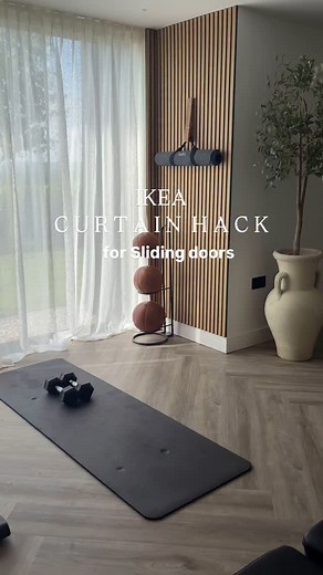 Joanna Fletcher on Instagram: "IKEA sliding door privacy hack. I was quoted over £1,000 for a floor to ceiling curtain for this 4 meter opening and it’s cost me just £160. I added an extra curtain to allow me to get the hotel vibe. All from IKEA: VIDGA single track rail (ceiling mount) VIDGA gliders with hooks STOCKHOLM 2025 curtains RIKTIG curtain hooks Compact weight bench and medicine balls @solohomegym (use code JOANNAFLETCHER for 20% off - aff ) #ikea #ikeausafinds #ikeahaul #ikeafavorites 