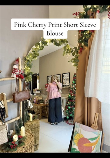 Stylish Pink Cherry Print Short Sleeve Blouse for Women