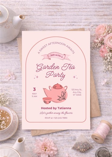 Spring Garden Tea Party Invitation Template | Editable Canva | Floral Outdoor Party Invite | Instant Download