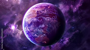 Exploring a vivid purple planet in a distant galaxy with swirling clouds and cosmic backdrop