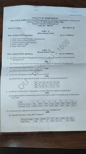 OU MBA 3rd SEM OPERATIONS MANAGEMENT || 2025 Question paper || #osmaniauniversity #question papers