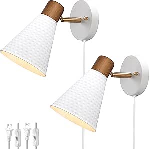 White Plug in Wall Sconces Set of 2, Modern Wall Light with Plug in Cord, Wooden Plug in Sconce with Hammered Metal Shade, Corded Wall Sconce Light Wall Lamp for Bedroom, Living Room, Hallway