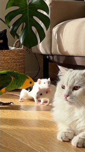 curious Parrot investigates pet Rats