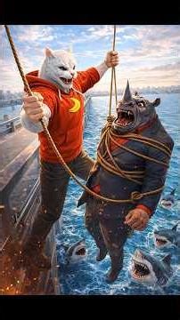 هل سيقع زعيم العصابة للقرش؟! 🦈😱#cat #meow #animation