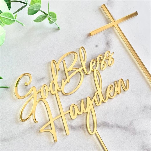 Personalized Name God Bless Acrylic Cake Topper With Cross Charm for Baptism, Christening, Communion and More - Etsy