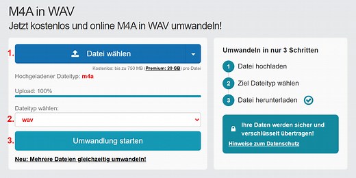 M4A in WAV Dateien online Konvertieren