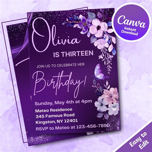 Editable Purple Floral Birthday Invitation Template for Women Printable Party Invite for Girls Digital 13th Birthday Purple Invites for Kids - Etsy
