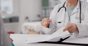 Hands, talking and doctor with patient and contract for healthcare and insurance. Conversation, hospital and medical employee with documents or paperwork for a person while consulting for cardiology