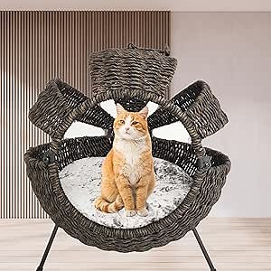 Cat beds for Indoor Cats-Large Cat Cave for pet Cat-Rattan cat House with Cushion,Spherical Indoor Outdoor cat House,Large Translucent cat House with Cushion,20.5X20.5X14inches Brown