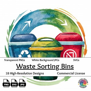 Waste Sorting Clipart 18 Watercolor, PNG, SVG, JPG Recycling Bins, Eco-friendly Organization - Etsy