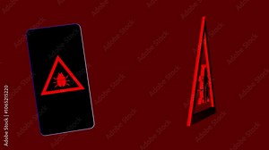 A 3D animation of smartphone displaying a warning sign with a bug symbol, a potential malware or virus infection.