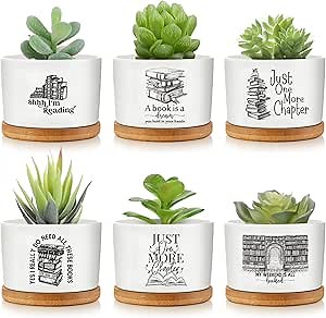 Havawish 6 Pcs Book Lover Planter Gifts for Women, Book Club Gift for Bookish Readers, Mini Ceramic Succulent Pot with Bamboo Tray Reading Quotes, Thank You Library Teacher Gifts, Plants Excluded