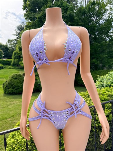 Lavender Rhinestone Lace-up Rave Bikini Set – Handmade Festival Outfit, Exotic Dancewear, Strappy Two Piece, EDC & EDM Clothin - Etsy