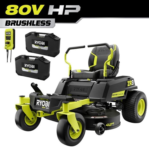 Check The Home Depot's Q&A Before Buying: RYOBI ZR3 80V HP Brushless Battery Cordless Electric 42 in. Zero Turn Riding Lawn Mower with (2) 14.0 Ah Batteries and Charger