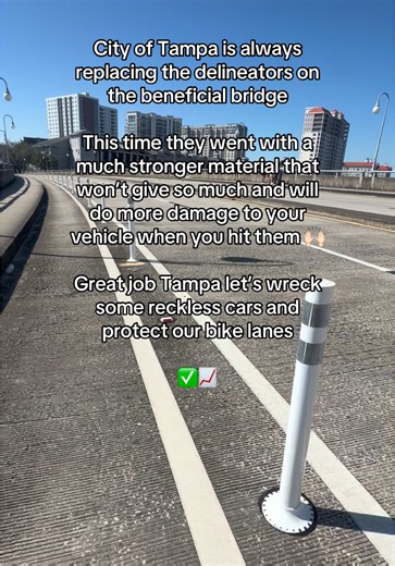 They used to hit the delineators daily. Now the new ones hit back. Protect the bike lanes. Period. STRONGER BIKE LANES = STRONGER COMMUNITIES. ⚠️ RIP Mr. LeRoy Collins Jr, RIP Gaudreau brothers, RIP to all of the cyclist and pedestrians lives we have lost from not protecting you enough #tampa #crosswalksafety #cityoftampa #crosssafe @City of Tampa @Tampa Bay Lighting