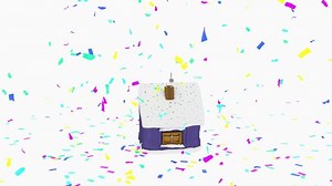 3D rendering of gift wrapping animation, with falling confetti on a white background.