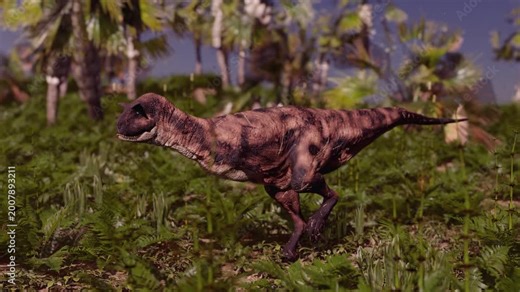 4k 3d animation of Carnotaurus dinosaur strides through a dense prehistoric jungle of ferns and palm trees.