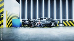 Human crash test dummy sitting near destroyed car crash test. Future concept. Realistic 4k animation. Stock Video