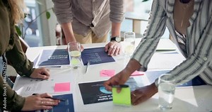 Documents, sticky notes and hands of business people planning for presentation, meeting and marketing pitch. Office, table and poster with post it for proposal, advertising app and info for speech