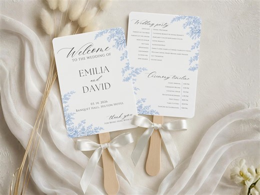 Wedding Program Fan Template | Blue Floral French Toile Ceremony Timeline Fan (editable Canva Printable) - Etsy Canada