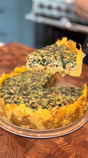 Bobby Parrish on Instagram: "Bacon and Spinach Breakfast Quiche with a Potato Crust 🥓🍃🥔 Ingredients: 1.5 lb small potatoes Salt & Pepper 6 strips bacon 1 small onion, diced 3 cloves garlic, finely chopped 8-10 oz frozen spinach (thawed and liquid squeezed out) 6 eggs 1/2 cup whole milk Parmesan, grated finely Directions: Preheat oven to 350F. Add the potatoes to a pot of boiling water and add a generous pinch of salt. Let it cook for 10-12 minutes. Then take a spring form pan, line the bottom