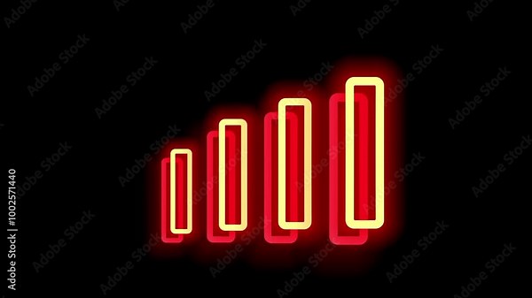 Glowing red and yellow bar chart with a rising trend on a black background. The neon effect highlights growth and progress, ideal for data visualizations, business presentations, or tech designs.