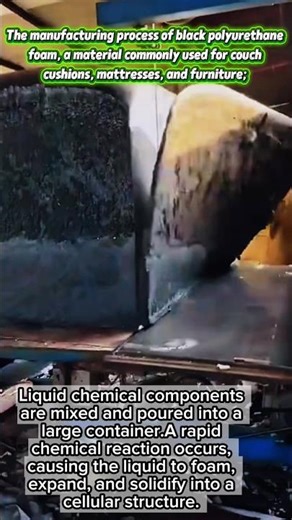 The manufacturing process of black polyurethane foam, used for mattresses, and furniture.