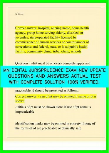 MN DENTAL JURISPRUDENCE EXAM NEW UPDATE QUESTIONS AND ANSWERS ACTUAL TEST WITH COMPLETE SOLUTION 100