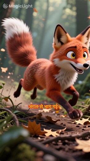 एक हरे-भरे जंगल में एक cock (मुर्गा), एक hen (मुर्गी), एक सुंदर peacock (मोर) और एक चालाक lomri