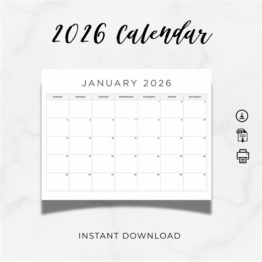 2026 Printable Calendar PDF | Minimalist Monthly Planner | Landscape Letter Size 11x8.5 | Instant Digital Download - Etsy