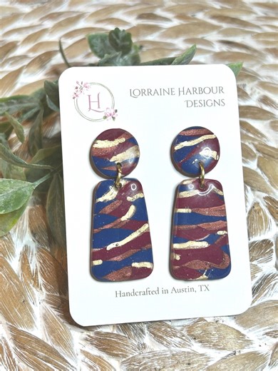 Handmade Abstract Mosaic Polymer Clay Earrings | Burgundy, Navy & Gold Statement Dangles | Handcrafted Artisan Earrings - Etsy