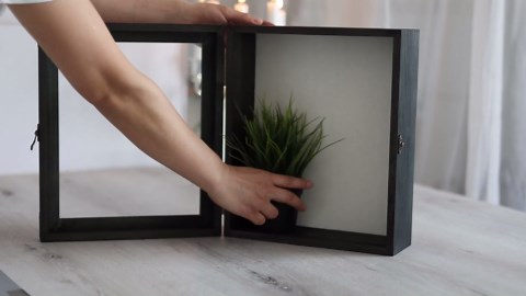 Shadow Box Frame 11x13, Depth 5in Shadow Boxes Display Cases, Acrylic Door, Rustic Burnt Wood, Vintage Metal Accents, Hinged Door, Metal Handle and Latch, Linen Back