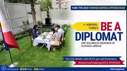 BE A DIPLOMAT Pass the Foreign Service Officer Exam and be one of the Philippine Vice Consuls or Consuls all over the world who are able to solemnize unions between two Filipinos who found love overseas. Take the #DiplomatChallenge2023 Visit dfa.gov.ph/fsoexams for more details | Department of Foreign Affairs, Republic of the Philippines