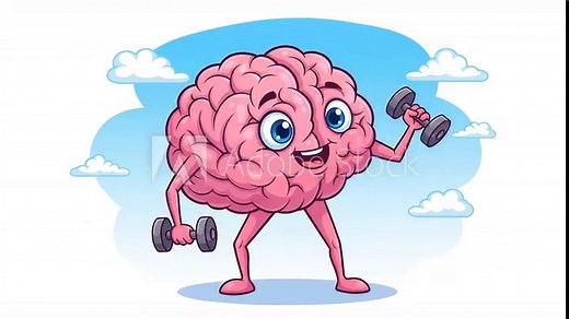 Cartoon brain character lifting weights, symbolizing mental exercise and cognitive fitness.